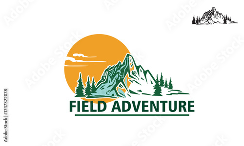 great field adventure image, silhouette of beautiful mountain and sun vector illustrations