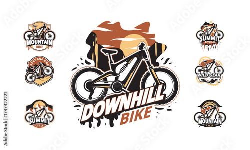 A collection of mountain bike logos featuring various designs and styles, emphasizing downhill biking.