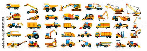 Large collection of construction equipment. Set of commercial vehicles for construction work. Excavator, tractor, bulldozer, asphalt paver, concrete mixer, loader, telehandler. Vector illustration.