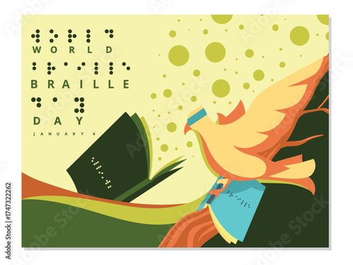 World Braille Day Celebrated With A Bird And Books background, An illustration commemorating World Braille Day featuring a bird holding books with braille script.