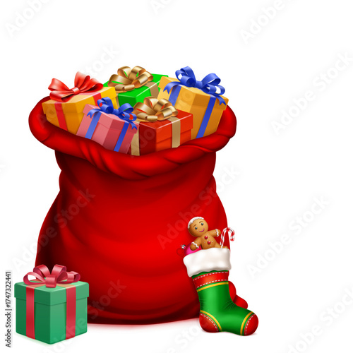 A vibrant, digitally illustrated red sack filled with colorful presents, accompanied by a green Christmas stocking on a white background.