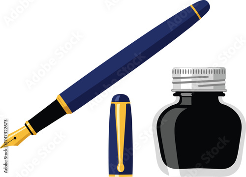 A vintage-style fountain pen with gold nib, matching cap, and a glass ink bottle—ideal for themes of writing, stationery, creativity, literature, and elegant office accessories