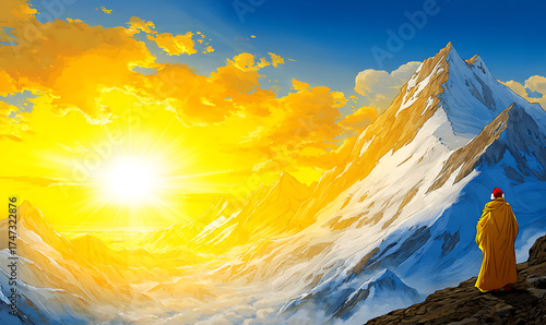 Mountain landscape with sun and clouds illustration