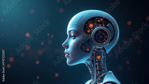 A futuristic cyborg female portrait is rendered in high detail, featuring a smooth, porcelain-like face contrasted with intricate mechanical components, illuminated by soft blue and warm orange...