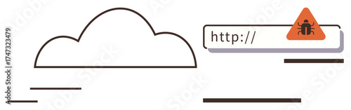 Cloud outline with a browser URL bar showing a malware warning. Ideal for cybersecurity, online threats, data safety, cloud risks, secure browsing, antivirus awareness, simple flat metaphor
