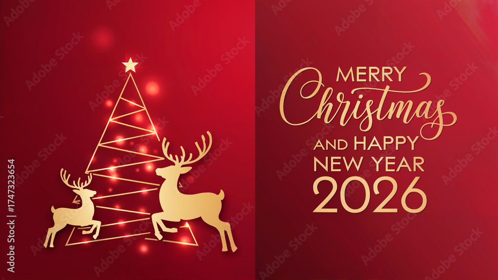 Naklejka premium Merry Christmas 2026 background with golden reindeer and elegant Christmas tree, luxury Merry Christmas 2026 greeting design, festive Merry Christmas 2026 card on red background