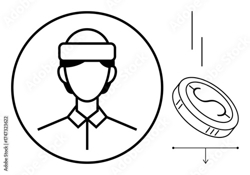 Minimalistic outline of person in headband inside circle and falling coin with arrows. Ideal for digital payment, investment, technology, fintech, savings, economy, modern finance, simple flat