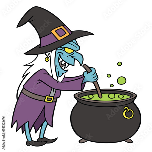 The witch has blue-green skin, a hooked nose, yellow eyes, and a wide, toothy grin. She wears a tall, black witch's hat with a buckle, a long purple robe cinched with a belt, and has long white hair. 