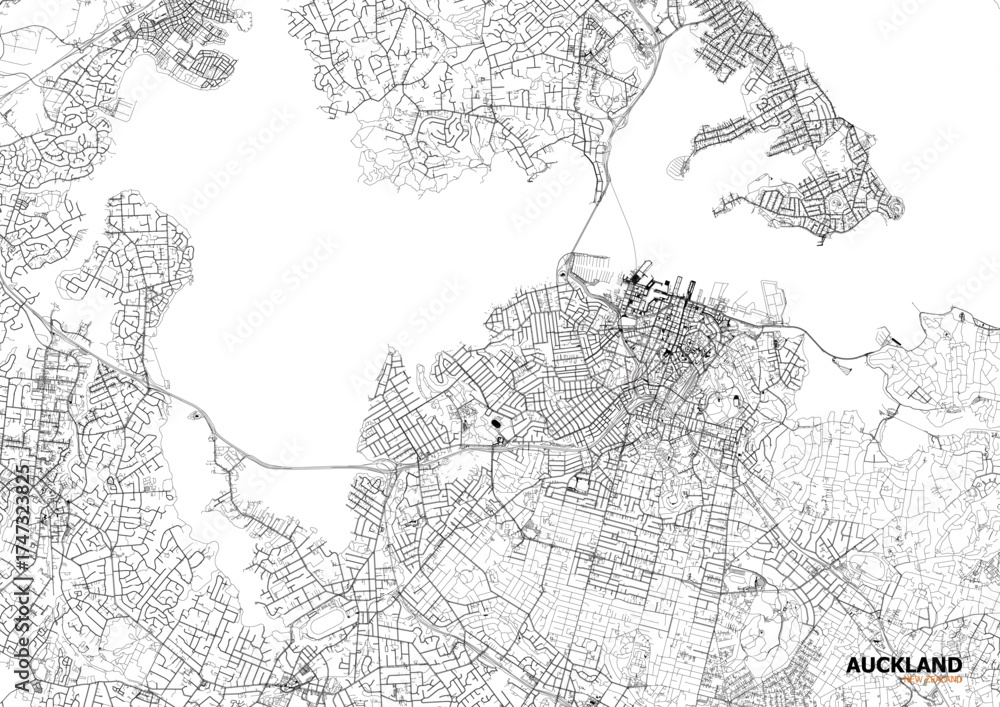 Fototapeta premium Zoomed monochrome map of Auckland showing detailed highway & road networks with urban density — ideal for urban planning, design mockups, or geographic visualization.