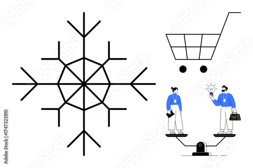 Geometric snowflake beside shoppers on scales exchanging ideas and abstract shopping cart. Ideal for innovation, e-commerce, teamwork, balance, ideas, analytics, simplicity. A clean flat metaphor