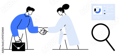Two individuals shaking hands, one holding a briefcase. Nearby, a magnifying glass and analysis chart emphasize collaboration, recruitment, partnership, research, negotiation, business strategy