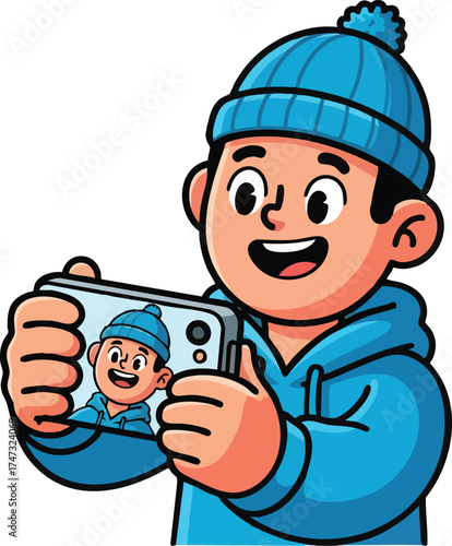 Happy Young Boy in Blue Beanie Taking a Selfie with Smartphone.