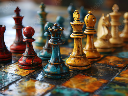 Colorful Chess Set on Artistic Board