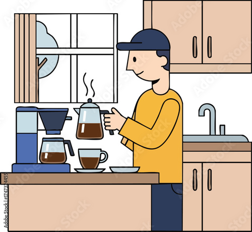 Man in a yellow shirt and blue cap making fresh coffee.