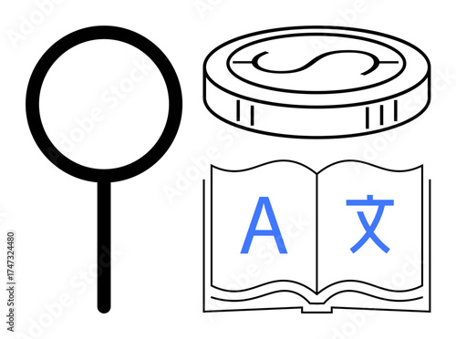 Magnifying glass, coin, and open book with text emphasize translation, currency, research, language learning, communication, financial analysis education. Ideal for simple flat metaphor