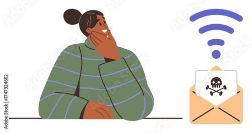 Woman thoughtfully considers risks of receiving malware via emails with visible wireless signal Ideal for cybersecurity, online safety education, data protection lessons, hacking awareness, phishing