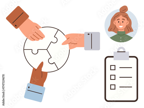 Diverse hands holding puzzle pieces, circular puzzle, checklist clipboard, smiling person portrait. Ideal for collaboration, problem-solving, teamwork, diversity, planning shared goals connection