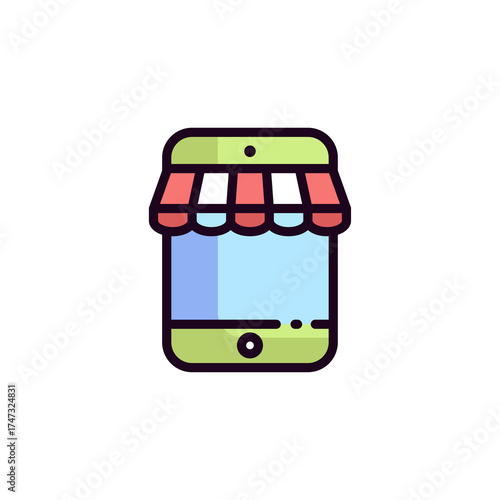 Mobile phone displaying storefront awning and screen with pixel art design and clean white background