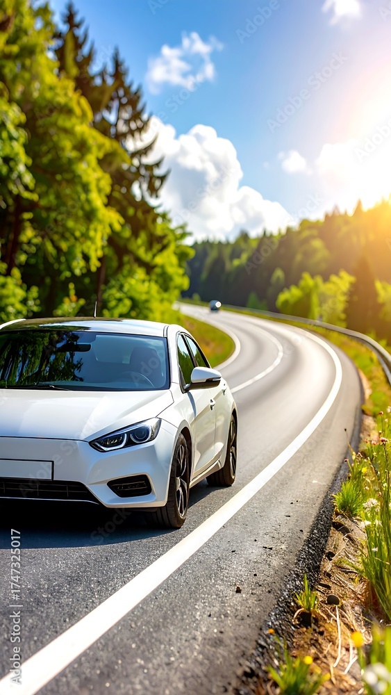 Fototapeta premium White car on a sunny winding road through a forest