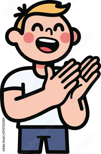 Happy boy clapping hands with joyful expression celebrating success.