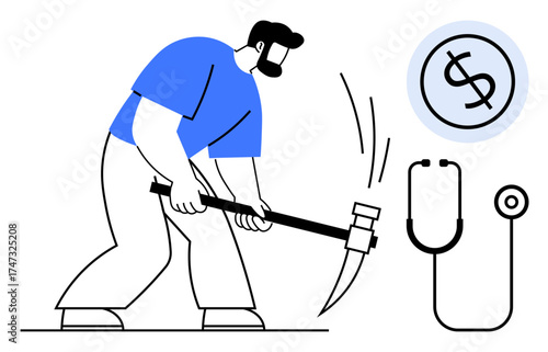 Man wielding sledgehammer, stethoscope nearby, dollar sign within a circle. Ideal for healthcare reform, financial strain, labor, health economy, medical expenses, hard work simple flat metaphor