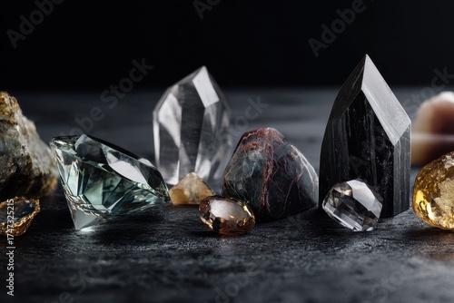 An arrangement of crystals and gemstones on a dark surface