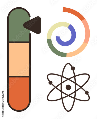 Test tube with gradient sections, spiraling color gradient, and atomic structure representation combine science and creativity. Ideal for education, research, technology, innovation, analytics