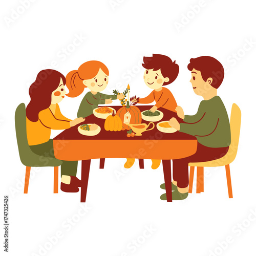 Heartwarming family Thanksgiving dinner scene with happy children and parents enjoying holiday meal together, creating cherished memories around a festive table setting with pumpkin decor