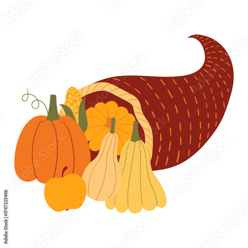 Abundant harvest bounty featuring a cornucopia filled with pumpkins, squash, corn, and apple, symbolizing autumn's generosity and perfect for Thanksgiving celebration designs