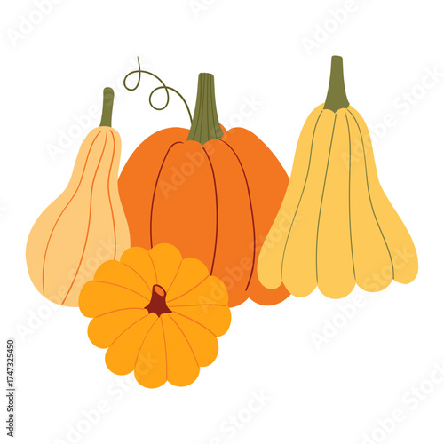 Cheerful Autumn Harvest: Pumpkins Galore for Festive Fall Decor and Thanksgiving Celebrations, Perfect for Seasonal Designs and Warm, Inviting Holiday Themes, Originally a Scalable Vector Graphic