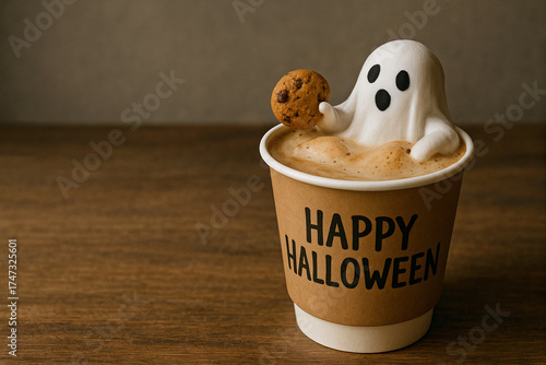 Charming little ghost made of foam or marshmallow enjoying a cookie while floating in coffee. A playful mix of Halloween humor and cozy fall mood for creative branding or seasonal visuals.