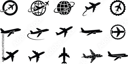 Airplane and globe vector icons, flight and travel symbols, aviation logo collection, jet silhouette illustration, air transport design, global travel concept art
