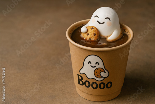 A cute smiling ghost relaxing in a cup of coffee with a cookie in hand. The perfect autumn or Halloween concept symbolizing comfort, sweetness, and creativity in food photography.