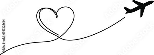 Airplane heart line vector illustration, love travel concept, minimal flight path design, romantic journey symbol, aviation art for travel and tourism decoration