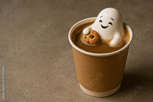 Minimalist and cozy Halloween scene featuring a friendly ghost marshmallow sitting in a coffee cup with a cookie. Great for advertising, cafés, or playful seasonal storytelling.