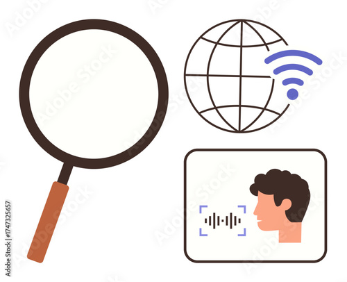 Magnifying glass, globe with wireless waves, and voice recognition icon signifying search, internet, and AI. Ideal for technology, communication, AI, research connectivity global reach and speech