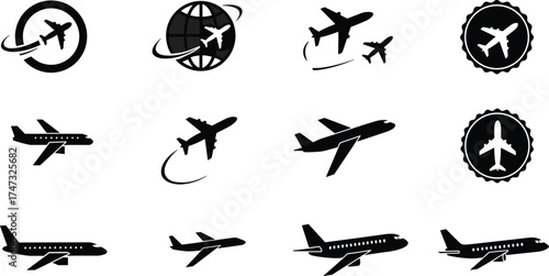 Airplane silhouettes collection, jet and passenger aircraft icons, travel aviation symbols, flight logo design elements, black vector airplane illustration, aviation transport concept art