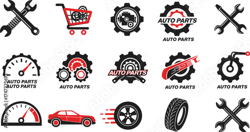  Auto parts vector icons set, car repair illustration, mechanical tools, gear symbols, vehicle maintenance design, automotive service, workshop, and engineering concept
