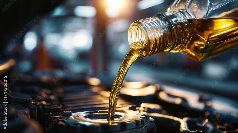 Naklejka premium Engine Oil Being Poured Into a Vehicle in a Garage Setting During Late Afternoon Hours