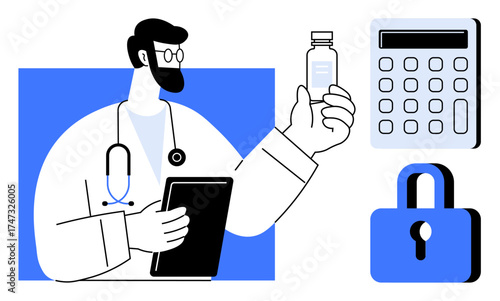 Doctor examining vial while holding a tablet alongside calculator and padlock. Ideal for healthcare, data security, medical billing, digital records, pharmaceuticals, trust, compliance. Simple flat