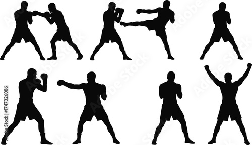  Boxing fighter silhouettes, martial arts training poses, kickboxing movements, sparring athletes in action, fitness sports illustration, combat workout vector, gym exercise concept