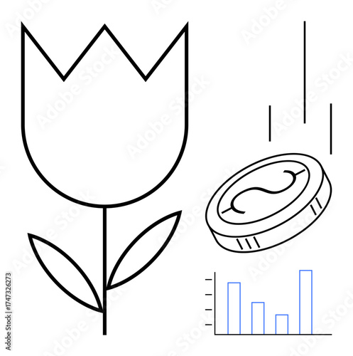 Tulip outline, falling coin, and downward bar chart represent economic trends, financial risks, and speculation. Ideal for economics, market analysis, finance, risk investment history simple flat