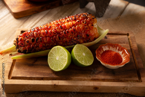 Grilled corn. A typical Mexican street food, where it's known as Elote Asado, it's a charcoal-grilled corn cob eaten with lime and piquín chili powder.