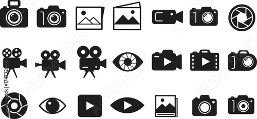 Camera and video icon set, photography and film symbols collection, flat black vector design for media, digital content, recording, and creative projects