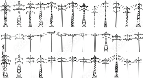 Collection of high voltage power line towers and electric poles, electricity transmission infrastructure illustration, energy distribution network concept vector design