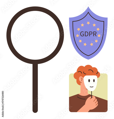 Magnifying glass, GDPR shield, and person holding a mask emphasize privacy, data protection, and transparency. Ideal for cybersecurity, compliance, identity protection, anonymity research