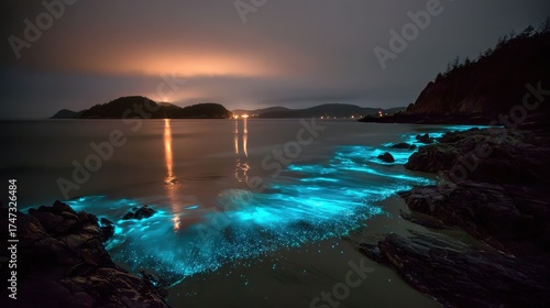 Bioluminescent sea waves glowing on a nighttime beach