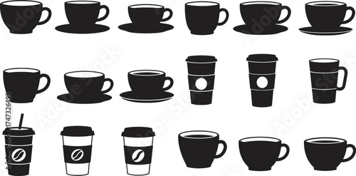 Coffee cup silhouette vector set, coffee mug design collection, takeaway cup icons, black caffeine drink clipart, beverage illustration for café branding and print use
