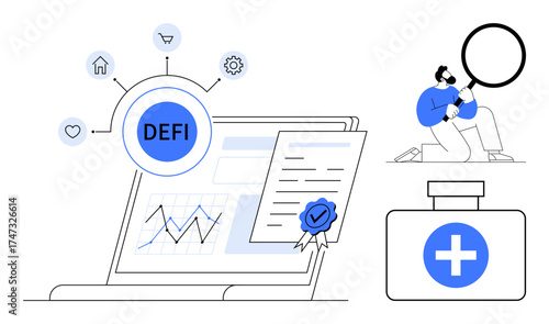 Laptop screen with DeFi network concepts, graphs, certified documents, and healthcare box. Ideal for technology, finance, blockchain, innovation investment healthcare and modern solutions. Clean