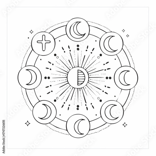 Line style icons of time: morning sunrise, afternoon sun, evening sunset, midnight moon, day and night cycle, time-of-day icon, daylight hours ring, circadian rhythm badge.